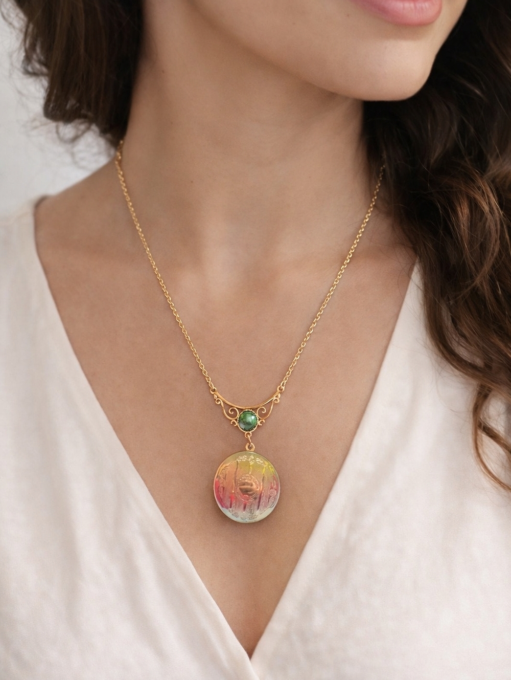 Vintage Gold Tone Locket Necklace Green Stone Pendant